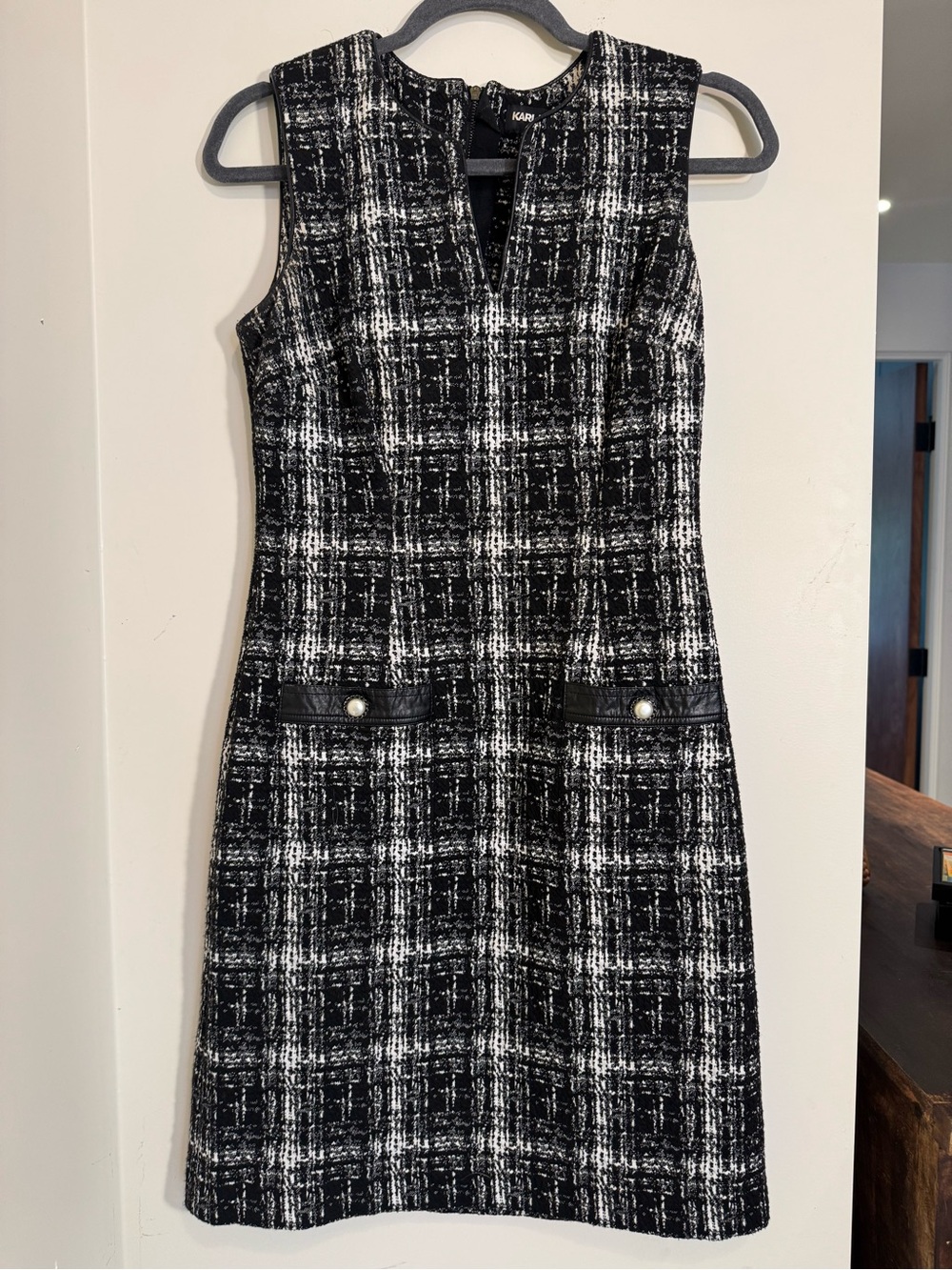 Karl Lagerfeld Black & White Plaid Tweed Midi Dress
